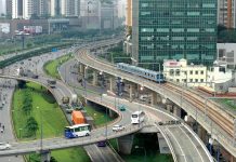 A modern bustling business district showcasing Vietnam's economic growth.