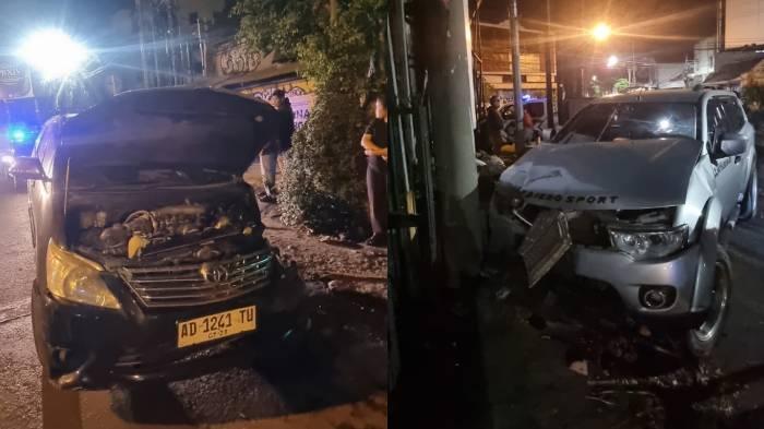 The aftermath of a traffic collision between a Mitsubishi Pajero and a Kijang Innova in Solo.