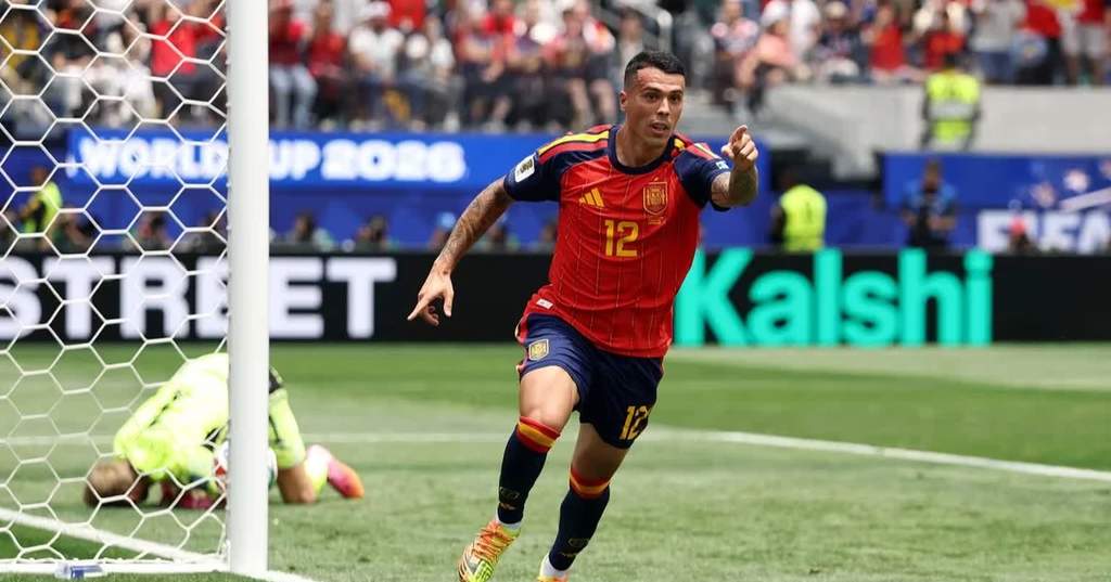 Pedro Porro celebrating his first goal for the Spanish national team