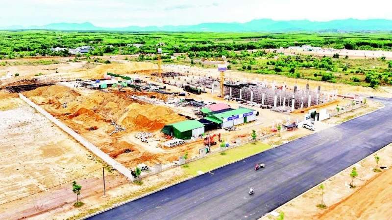 An aerial view of an industrial and shipping infrastructure development project in Quang Tri.