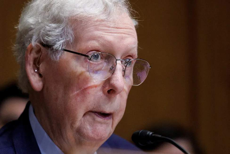 Senator Mitch McConnell speaks at a Washington news conference concerning Senate Republican policy.
