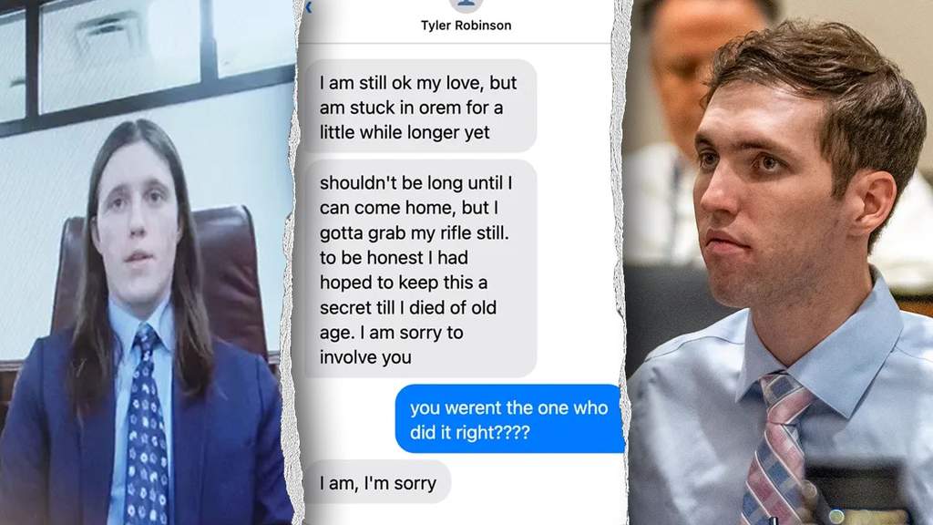 Tyler Robinson and Charlie Kirk split image shown during the preliminary court hearing in Utah.
