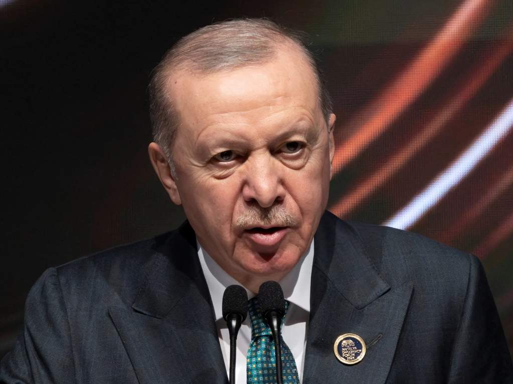 Turkish President Tayyip Erdogan speaking at a diplomatic press conference