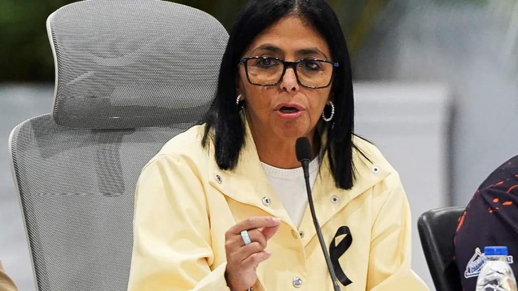 Delcy Rodriguez speaking at a military service in Venezuela.