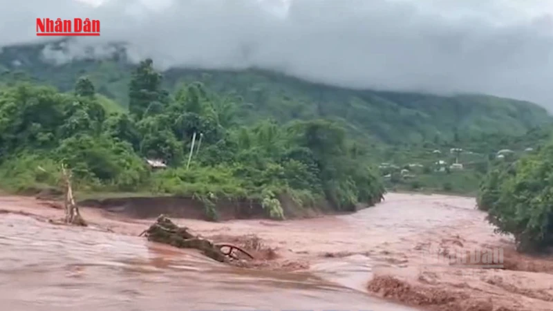 Flooded streets and landslide debris damaging infrastructure in Lai Chau.